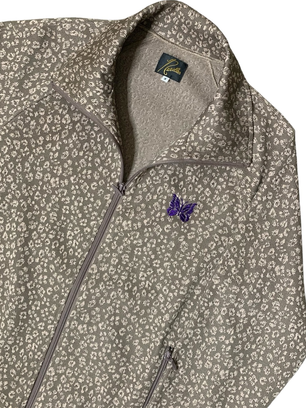 FW21 Needles | Jacquard Track Jacket | Leopard poly | butterfly insignia